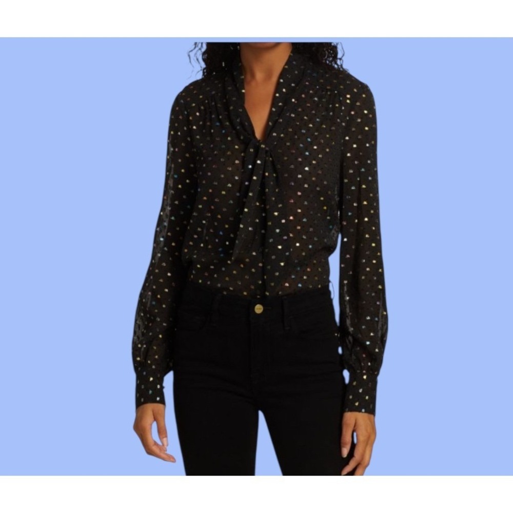 PAIGE Black Metallic Dot Bow Blouse Long Sleeve‎ Sheer Women's Size S